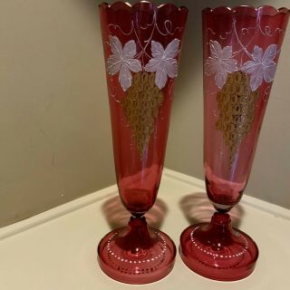 2 Antique Cranberry Glass Mantle Vase Urn Enamel Candle Holders Victorian N28 3