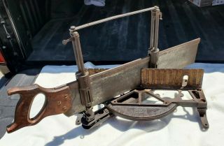 Antique Stanley Cast Iron Miter Box 1912 & Warrante Superior Saw