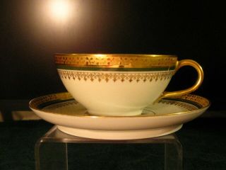 Set 8 Antiques Limoges W.  G.  Gold Geometry Flower Pattern Green Tea Cup & Saucer