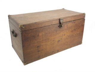 Large Antique Wood Tool Box Chest With Brass Hardware Handles Lock