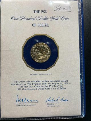 1975 Belize $100 Gold Proof Coin In Franklin Cachet 1/10 Oz AGW 2