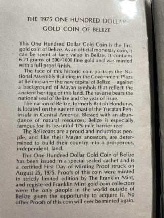 1975 Belize $100 Gold Proof Coin In Franklin Cachet 1/10 Oz AGW 3