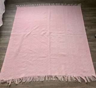 Vintage Faribo Wool Blend Blanket Pink With Fringe Detail Made In Usa