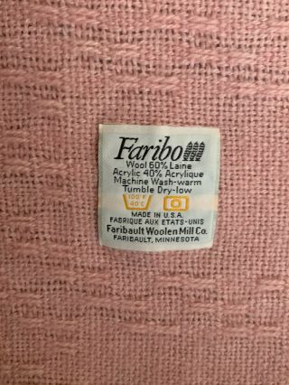 Vintage FARIBO Wool Blend Blanket Pink with fringe detail Made in USA 3