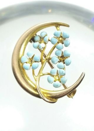 Antique Art Nouveau 10k Yellow Gold Blue Enamel Forget Me Not Flower Pin Brooch