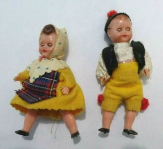 2 Mini Foreign Costume Boy Girl Vtg Celluloid? Dolls Open/close Eyes,  Jointed
