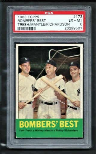 1963 Topps 173 Bombers Best Tresh - Mickey Mantle - Richardson Yankees Psa 6 Ex/mt