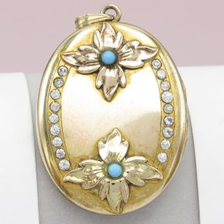 Antique Victorian Edwardian Gold Filled Gf Turquoise Flower Paste Pendant Locket