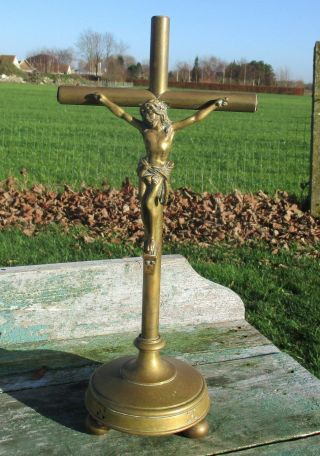 Antique Brass Art Deco Jesus Christ Standing Table Cross Crucifix Memento Mori