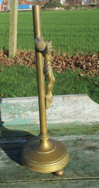 Antique Brass Art Deco Jesus Christ Standing Table Cross Crucifix Memento Mori 3