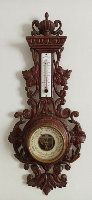 French Antique Carved Wood Aneroid Barometer Thermometer Black Forest