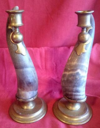 Old Antique Set Of Two Cow Cattle Horn Brass English Candlesticks Two 2
