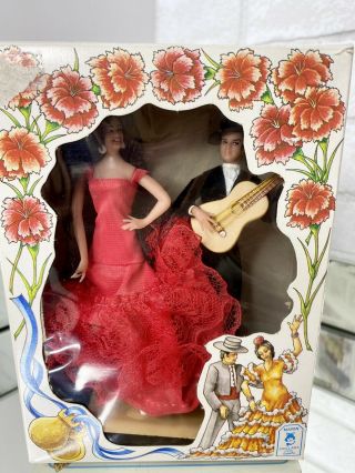 2 Vintage Marin Chiclana Spanish Dolls Red Dress Flamenco Dancers Couple W/ Box