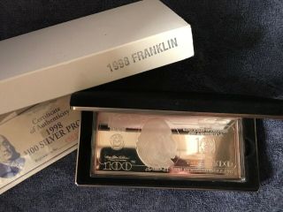 1998 The Washington 100$ Franklin 4 Oz.  Silver Proof Bar Limited Mintage