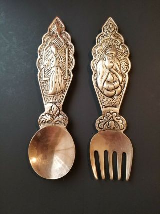 Vintage Brass Serving Spoon And Fork Pair 7.  75 Inch Kitchen Wall Decor