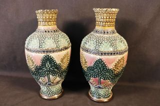 Antique Doulton Lambeth Majolica Art Pottery Vases 9 " Signed