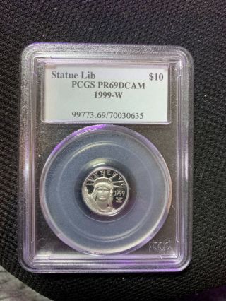 1999 W Platinum Eagle $10 Proof Statue Of Liberty 1/10 Oz Coin Pcgs Pr69 Dcam