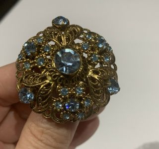 Vintage Brooch Antiqued Gold Tone Blue Rhinestones Vb4