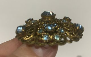 Vintage Brooch Antiqued Gold Tone Blue Rhinestones VB4 2