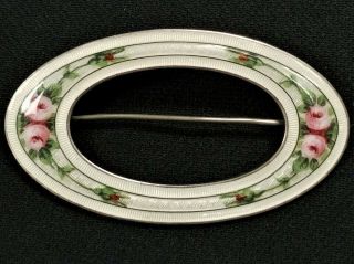 Large Antique F.  A.  Hermann Enamel Guilloche Roses Sterling Silver Brooch 3 " 27g