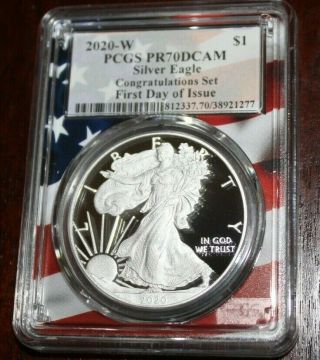2020 W Pcgs Pr70 Dcam Silver Eagle Congratulations First Day Of Issue Flag Core