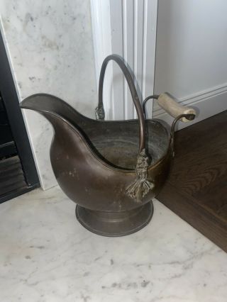 Antique Copper & Brass Coal Scuttle Bucket W/ Antler Handle Rare Late 1800’s