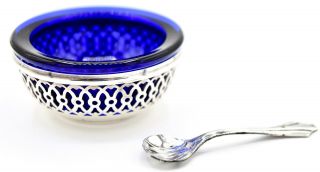 Vintage Webster Cobalt Blue Glass Sterling Silver Salt Cellar Dip Bowl Spoon