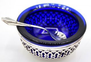 Vintage Webster Cobalt Blue Glass Sterling Silver Salt Cellar Dip Bowl Spoon 2