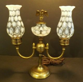 Antique Fenton French Opalescent Coin Dot Brass Eagle Double Student Table Lamp