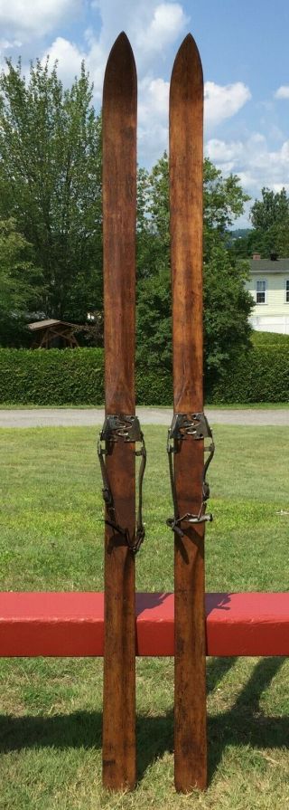 Antique Wooden Skis 75 " Long W/ Wood Grain Snow W@w