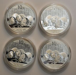 Four 2013 China 1 Ounce Silver Panda 10 Yuan Fine Silver Coins
