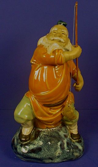 Large Vintage Chinese Shiwan Glazed Stoneware Mudman Fisherman Figurine
