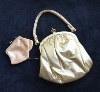 Vintage 60s Shiny Metallic Gold Handle Evening Bag/purse W Coin Purse