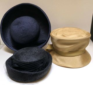 Three Vintage Ladies Hats Black Gold Dark Blue Style - Union Macy 