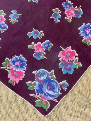Vintage 1940s Vibrant Rose Floral Printed Cotton Hankie Handkerchief