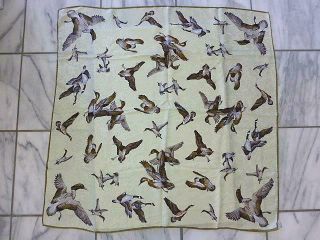 Vintage 100 Silk Flying Duck Scarf Cream Brown & Blue Square 34.  5 "