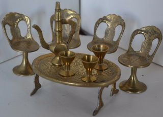 Vintage Brass Doll House Furniture Table Chair