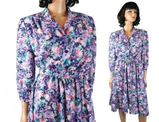 80s Secretary Dress Sz L 14p Vintage Purple Blue Pink Floral Crepe Flared Skirt