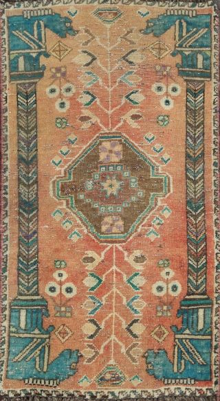 Antique Geometric Tribal Abadeh Area Rug Hand - Knotted Wool Carpet 2x3 Ft.