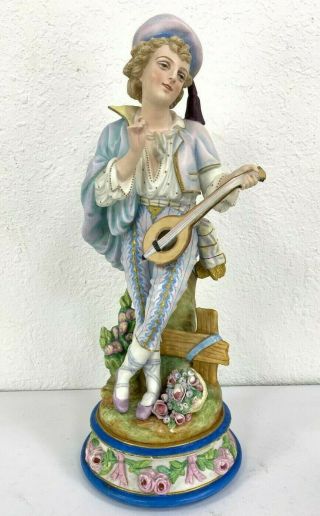 Antique French L&m Bisque Porcelain Figurine,  Boy With Guitar,  19 " H.