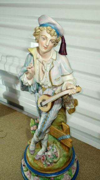 Antique French L&M Bisque Porcelain Figurine,  Boy with Guitar,  19 