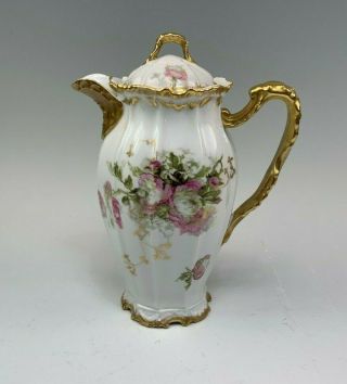 Antique Limoges France Porcelain Chocolate Pot,  Pink & White Flowers