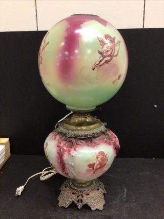 Stunning Large Green Red Pink Putti Victorian Gwtw Painted Antique Oil Lamp