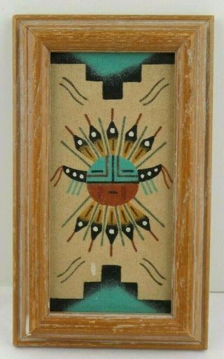 Vintage Navajo Yei Sand Art Painting Sun Shield Signed Framed Southwest Decor