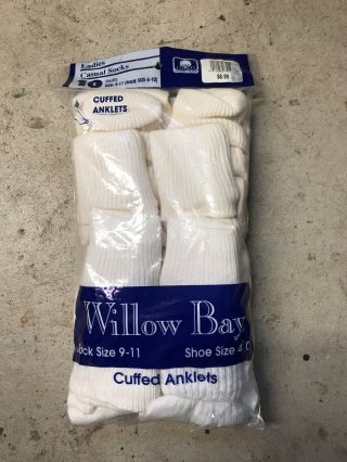 Nos 90’s Vintage Willow Bay Ladies Cuffed Anklets Socks Cotton 10 - Pack White