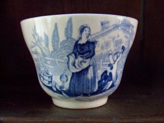 Early Unmarked Antique Ironstone Scenic Blue Transferware Handless Tea Cup