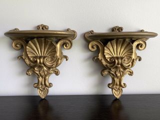 Pair Vintage Gold Ornate Wood Display Wall Shelves Sconces Shell Motif Regency