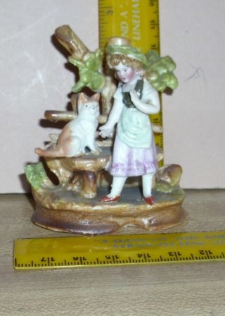 Antique 3 In Miniature German Girl W/kitten Cat Vase Fired Bisque