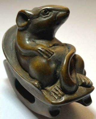 Mouse Rat Chair Netsuke Wooden Wood Carving Japanese Antique Okimono Old Japan