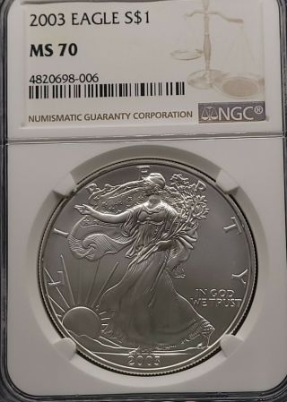 2003 Ngc Ms70 Certified American Silver Eagle Dollar $1 - Scuffs On Holder
